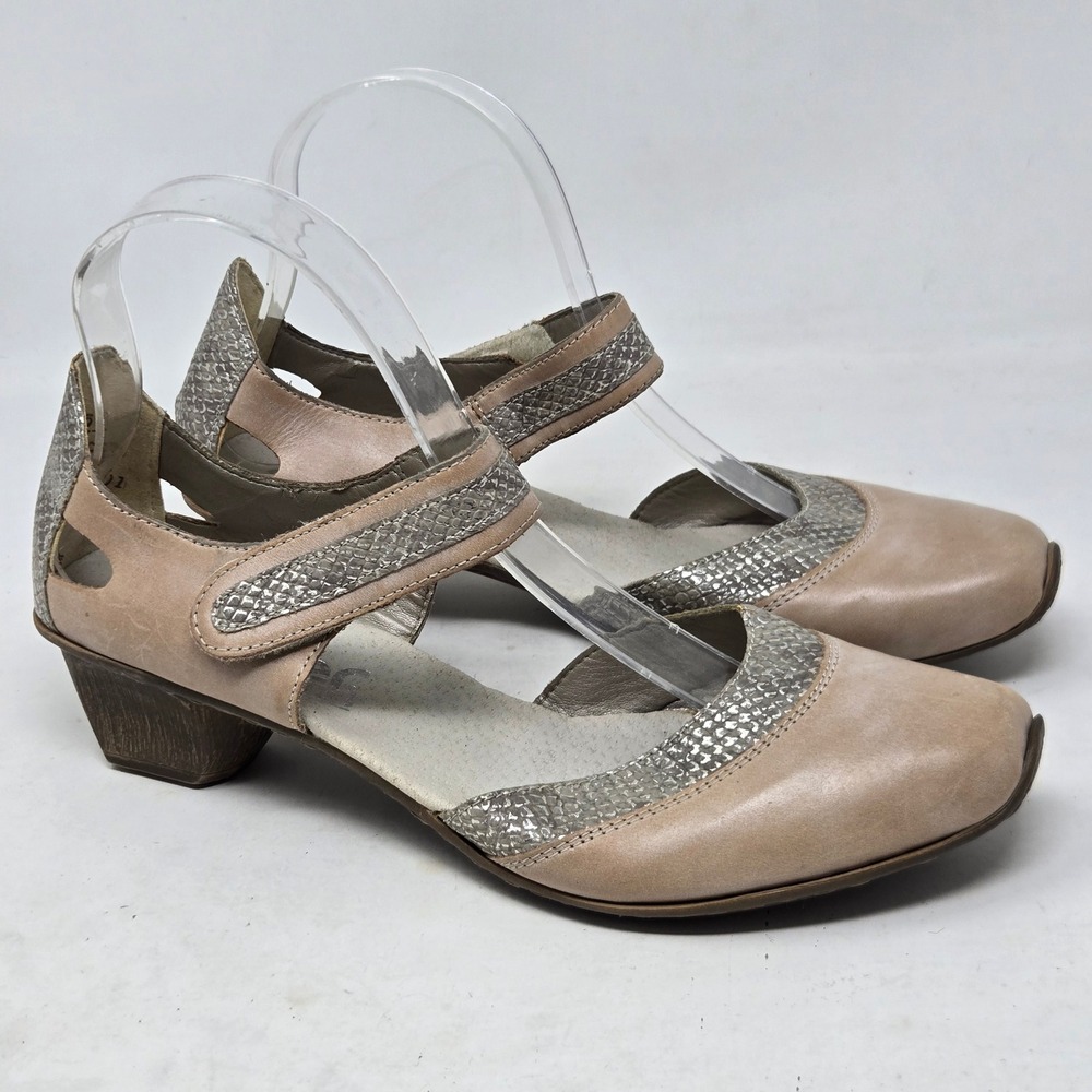 Rieker Antistress Tan Leather Metallic Snake Print Mary Jane Pumps 39